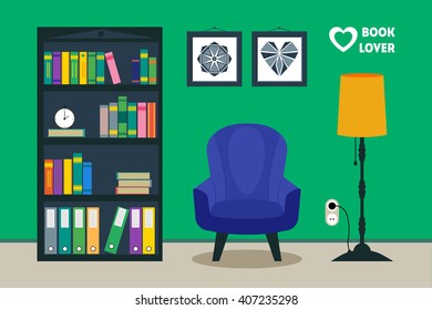 Flat library room interior with armchair, floor lamp, bookcase, bonsai, pictures. Home comfortable book lover decor concept. Good for booklover card, poster, banner, flyer, brochure. Vector furniture