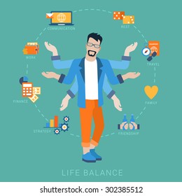 Flat life balance many armed young man abstract shiva lifestyle concept. Male figure with multi hands pointing to work income finance planing strategy family travel friendship aspects.
