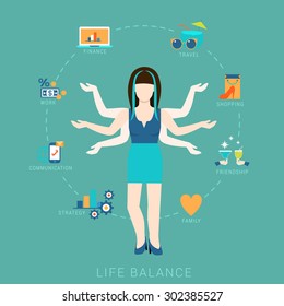 Flat life balance many armed young woman abstract shiva lifestyle concept. Female figure with multi hands pointing to work income finance strategy love romance shopping friendship aspects.