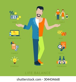 Flat life balance young man abstract lifestyle concept. Stylish 2-sided divided human figure front view hands pointing to work family communication finance strategy rest leisure friendship aspects.