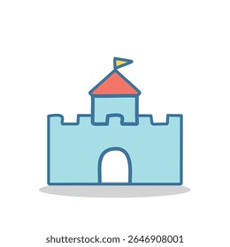 Flat light blue castle icon vector with flag. Suited for kid‑friendly games, fairy‑tale themes, educational apps, or whimsical web designs.