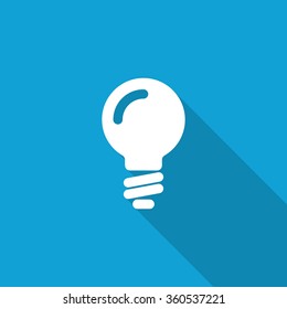 Flat Light Bulb icon with long shadow on blue backround