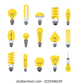 Flat light bulb. Incandescent lamp, energy efficient led lights and bright idea symbol cartoon vector set of light bulb energy illustration