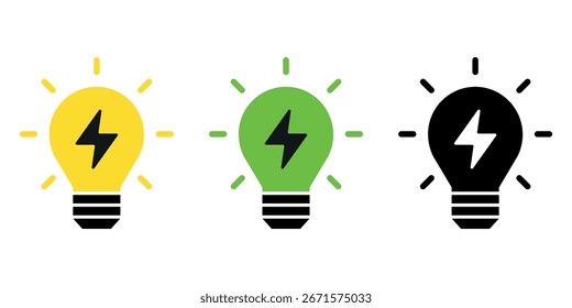 Projeto de lâmpada plana e ícone de raio definido no fundo branco. Símbolo de lâmpada elétrica, luz, inovação, solução, pensamento criativo, eletricidade. Verde, amarelo e preto.