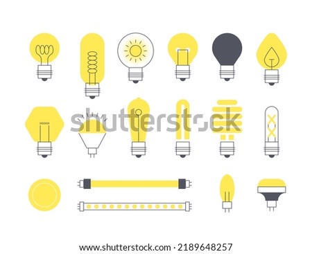 Flat light bulb. Minimalistic abstract glowing electric device, various energy efficient LED light bulbs and strips with different connector. Vector light bulb logo of bulb lamp energy illustration