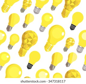 Flat light bulbs icons, diagonals seamless pattern on white isolated background, different sizes, cartoon doodle flat style wallpaper, vector illustration.