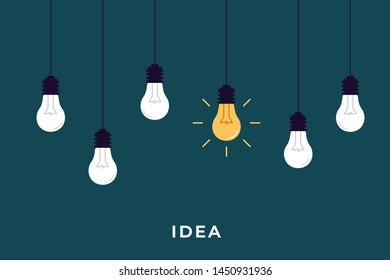 Flat Light Bulbs Shining on Colored Background. Bright Idea. Bright Idea Concept. Creative Thinking Concept