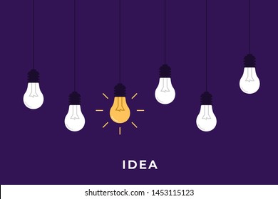 Flat Light Bulbs Shining on Colored Background. Bright Idea. Bright Idea Concept. Creative Thinking Concept
