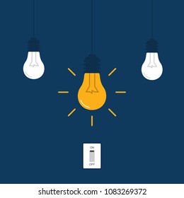 Flat Light Bulbs Turned on and Turned Off with Light Switches on Turquoise Background. Bright Idea Concept. Creative Thinking. 