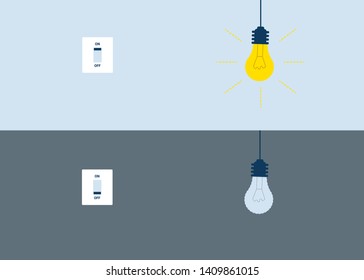 Bombillas planas encendidas y apagadas con interruptores de luz en fondo azul y gris.ilustración vectorial. 