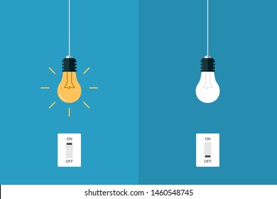 Flat Light Bulbs Turned on and Turned Off on a Blue Background. Bright Idea. Bright Idea Concept. Creative Thinking Concept