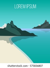 Flat light coast landscape background with tranquil sea beach and mountains at day time vector illustration