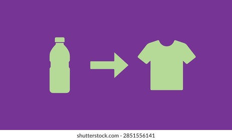 Flat light green plastic bottle arrow and tshirt icon set on purple background for recycling upcycle sustainable fashion