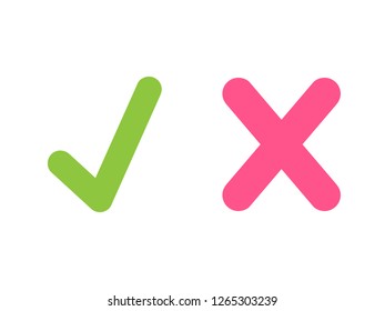 Flat light green tick and pink cross signs. Flat check mark OK and X icons, isolated on white. Brush marks graphic design. Symbols YES and NO button for vote, decision, web. Vector illustration
