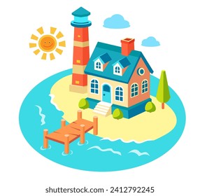 Flat light illustration of seashore with lighthouse and house, cottage. Pier and sea, fisherman's cottage on white background. Vector isolated illustration for postcards and books. 