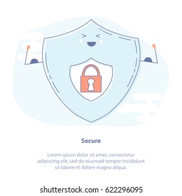 Flat light line icon concept of secure, protection or defense. Shield with the lock emblem. Cartoon character with Emoji. Vector isolated illustration.