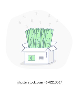 Flat light line modern illustration concept of Money Transfer or Remittance, Money Saving or Donation in the box. Money banknotes in the open box - turnkey money. Isolated vector symbol. 