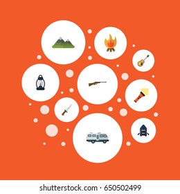 Flat Lighter, Weapon, Kerosene And Other Vector Elements. Set Of Encampment Flat Symbols Also Includes Balefire, Torch, Ship Objects.
