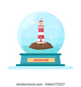 Flat Lighthouse concept in snowball on white background. Vector image of navigational beacon with sea waves and rocks for card. Hand drawn Illustration with pharos and seagulls for poster or banner