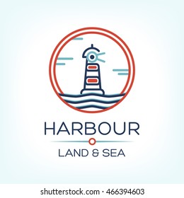 Flat lighthouse icon on blue sea, illustration vector background