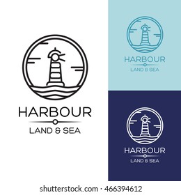 Flat lighthouse icon on blue sea, illustration vector background