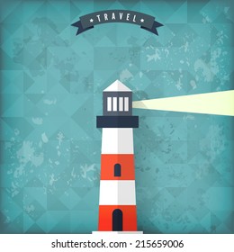 Flat lighthouse on old vintage background. 