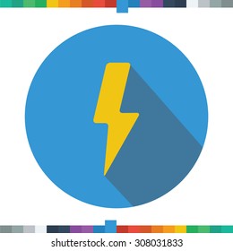 Flat lightning, thunder icon in a circle with a long shadow.