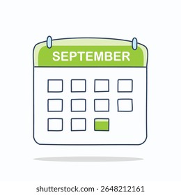 Ícone de calendário verde-limão plano rotulado "setembro" com uma data marcada. Ideal para planejamento de outono, cronogramas acadêmicos e elementos de IU.