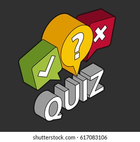 Flat line 3d isometric Quiz concept. Test, exam, answer, education, learning, internet, lottery. Gray background. Vector illustration