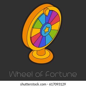 Flat line 3d isometric Wheel of fortune concept. Stars. Gray background. Vector illustration
