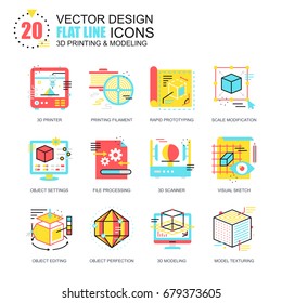 Flat line 3D printing and modeling icons concepts set for website and mobile site and apps. Volumetric object scanning, scaling technology. New style flat simple pictogram pack. Vector illustration.