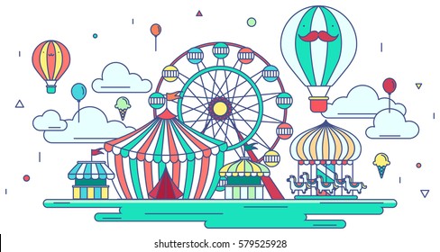 Flat line amusement park or theme park graphic design in creative advertising banner background. Flat amusement park with entertainment concept in isolated background, create by vector
