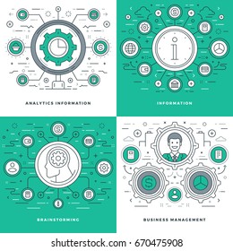 Flat line Analytics Information, Brainstorming, Business Team Management Concepts Set Vector illustrations. Modern thin linear stroke vector icons. Website Header Graphics, Banner, Infographics.