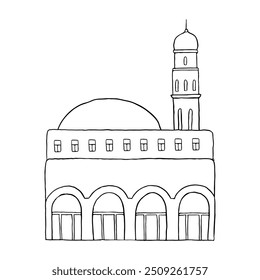 Flat line Arabic mosque house with dome and minaret tower black and white vector illustration. Simple sketch of traditional Islamic Middle East building cityscape
