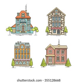 Flat line architecture design. Linear house collection. Stroke color icon set of buildings. Vector linear illustration. Outlined stroke real estate icons. Family house, villa, mansion, town house.