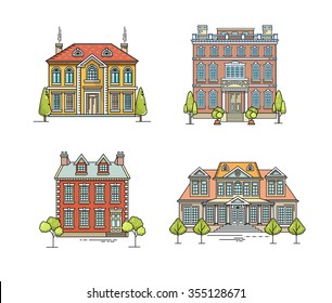 Flat line architecture design. Linear house collection. Stroke color icon set of buildings. Vector linear illustration. Outlined stroke real estate icons. Family house, villa, mansion, town house.