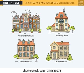 Flat line architecture design. Linear house collection. Stroke color icon set of buildings. Vector linear illustration. Outlined stroke real estate icons. Family house, villa, mansion, town house.