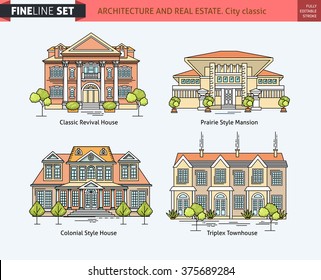 Flat line architecture design. Linear house collection. Stroke color icon set of buildings. Vector linear illustration. Outlined stroke real estate icons. Family house, villa, mansion, town house.