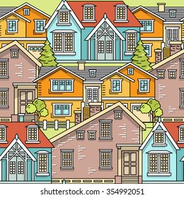 Flat line architecture seamless pattern. Color vector linear illustration. Outlined stroke realty background. Printable poster, flyer, web banner, endless texture. Citiscape, dwelling house, building