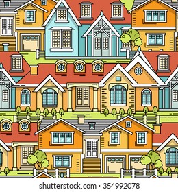 Flat line architecture seamless pattern. Color vector linear illustration. Outlined stroke realty background. Printable poster, flyer, web banner, endless texture. Citiscape, dwelling house, building