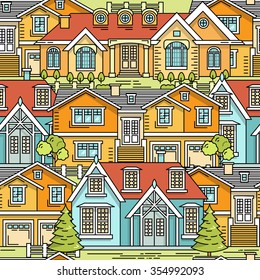 Flat line architecture seamless pattern. Color vector linear illustration. Outlined stroke realty background. Printable poster, flyer, web banner, endless texture. Citiscape, dwelling house, building
