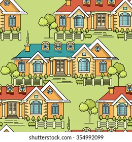 Flat line architecture seamless pattern. Color vector linear illustration. Outlined stroke realty background. Printable poster, flyer, web banner, endless texture. Citiscape, dwelling house, building