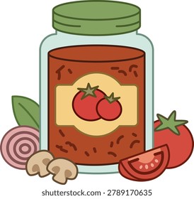 Flat Line Art Bolognese Sauce Glass Jar Icon, Minimal Italian Pasta Tomato Ragout Illustration