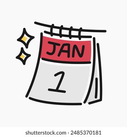 Flat line art cartoon of a new year calendar. Calendar illustration of January 1 new year, perfect for needs related to new year, celebrations, holidays, and more.