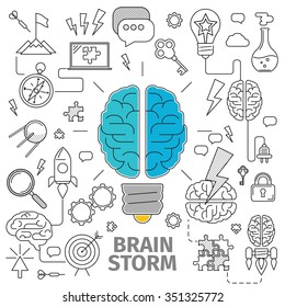 Flat Line Art concept of a brainstorm. Innovation and solution. business idea, vector illustration, Planning, distribution, setting goals, organizing, drawing up lists and prioritizing