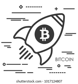 Flat line art concept illustration of spaceship with bitcoin cryptocurrency icon
