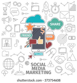 Flat Line Art concept of a Social Media Marketing. Business internet concept. Flat line art digital vector illustration. 