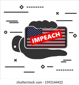 Flat Line art design graphic concept of black mobile phone with american flag and text Impeachment above in hand icon on white background