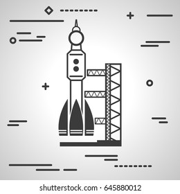 Flat Line art design graphic image concept of black launch site with rocket on a grey background