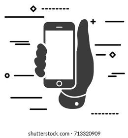 Flat Line art design graphic image concept of black mobile phone in hand icon on a white background
